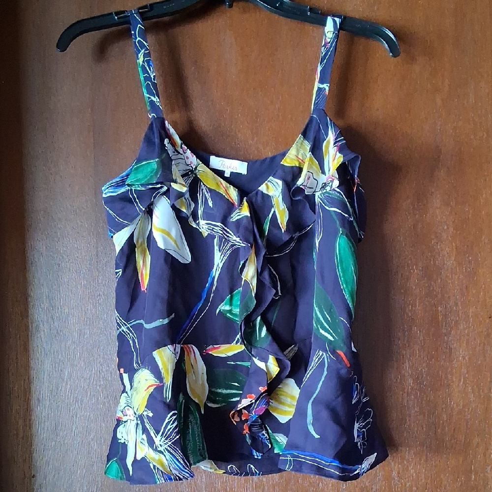 Parker Navy Floral Ruffle Blouse